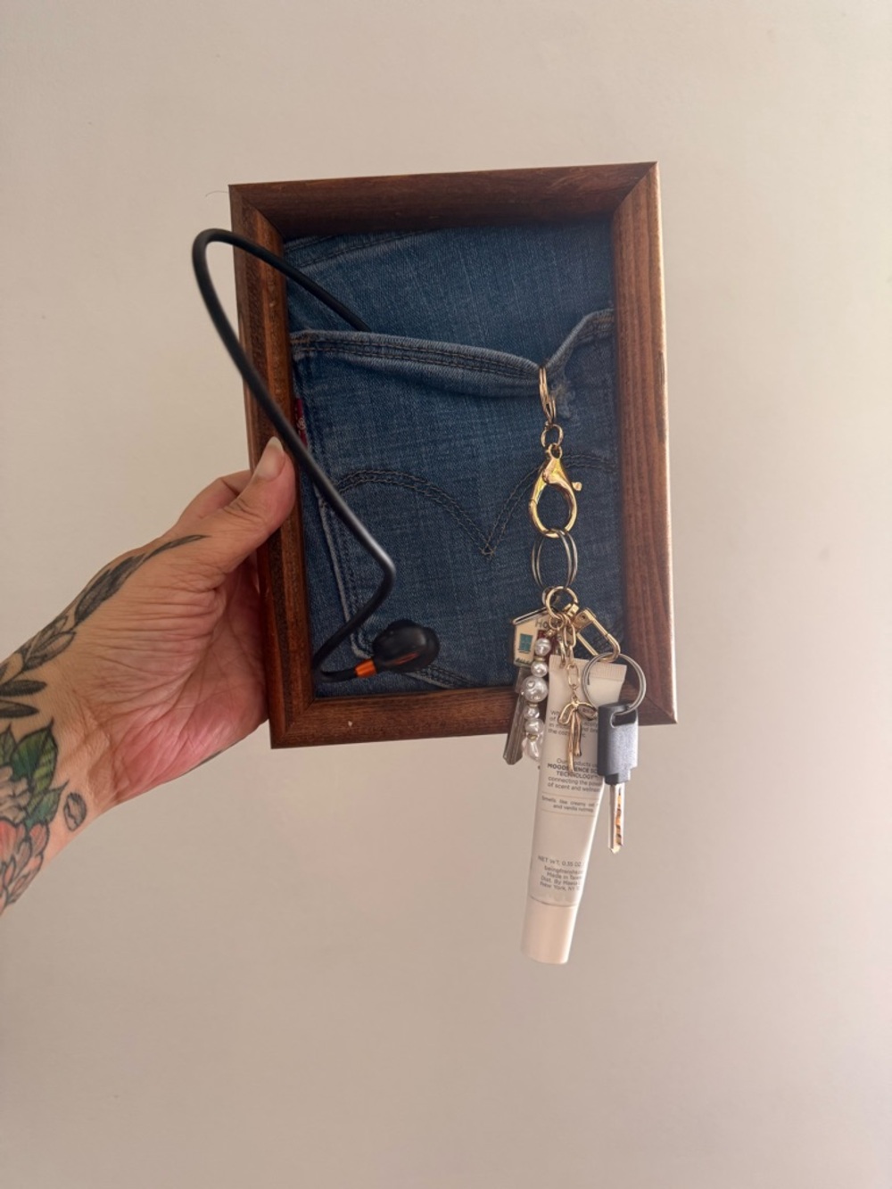Denim Pocket Keychain Display in Wood Frame - Picture 3 of 3